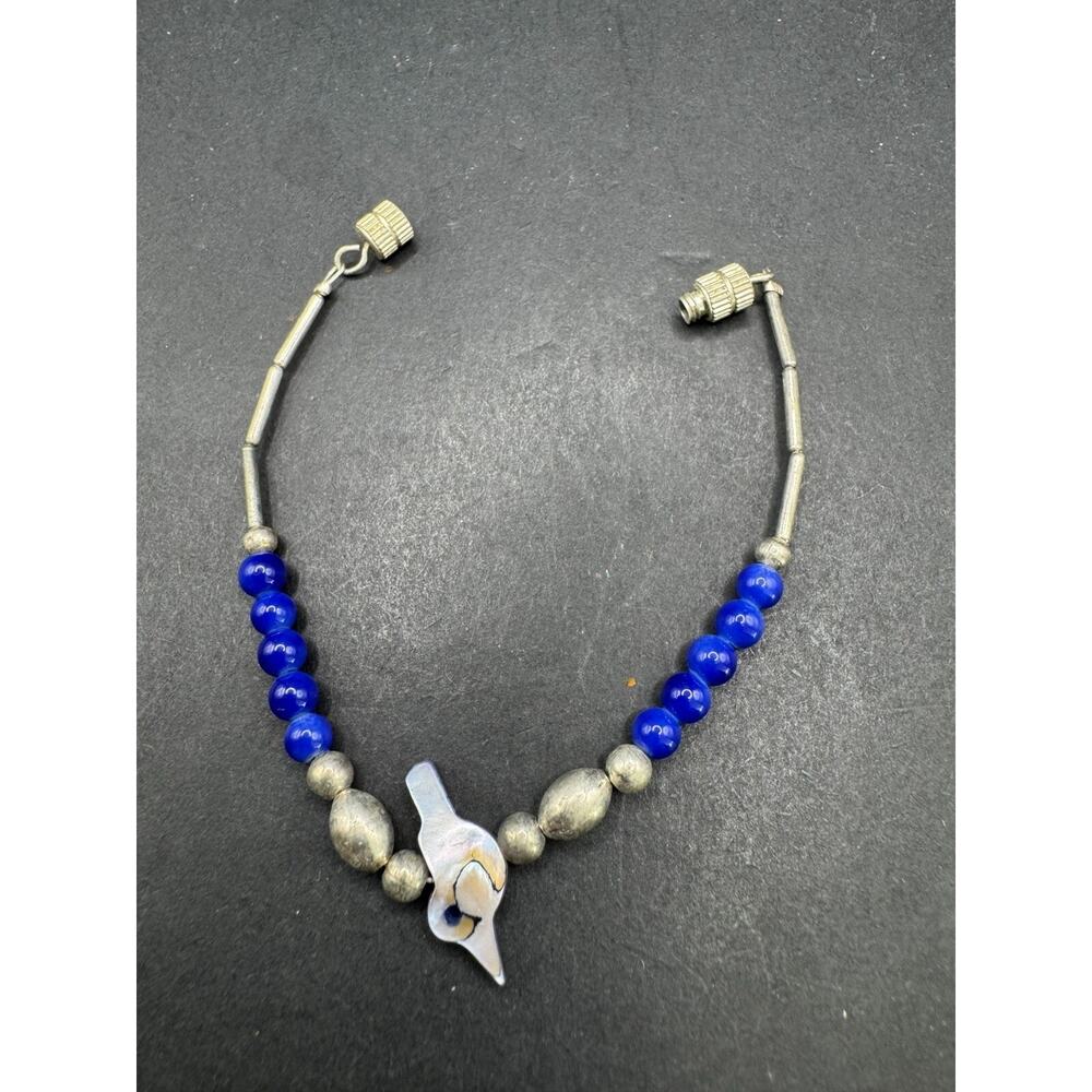 Blue Stone and Silver Tone Beads and Fetish Dove Bird BRACELET Sz 6"